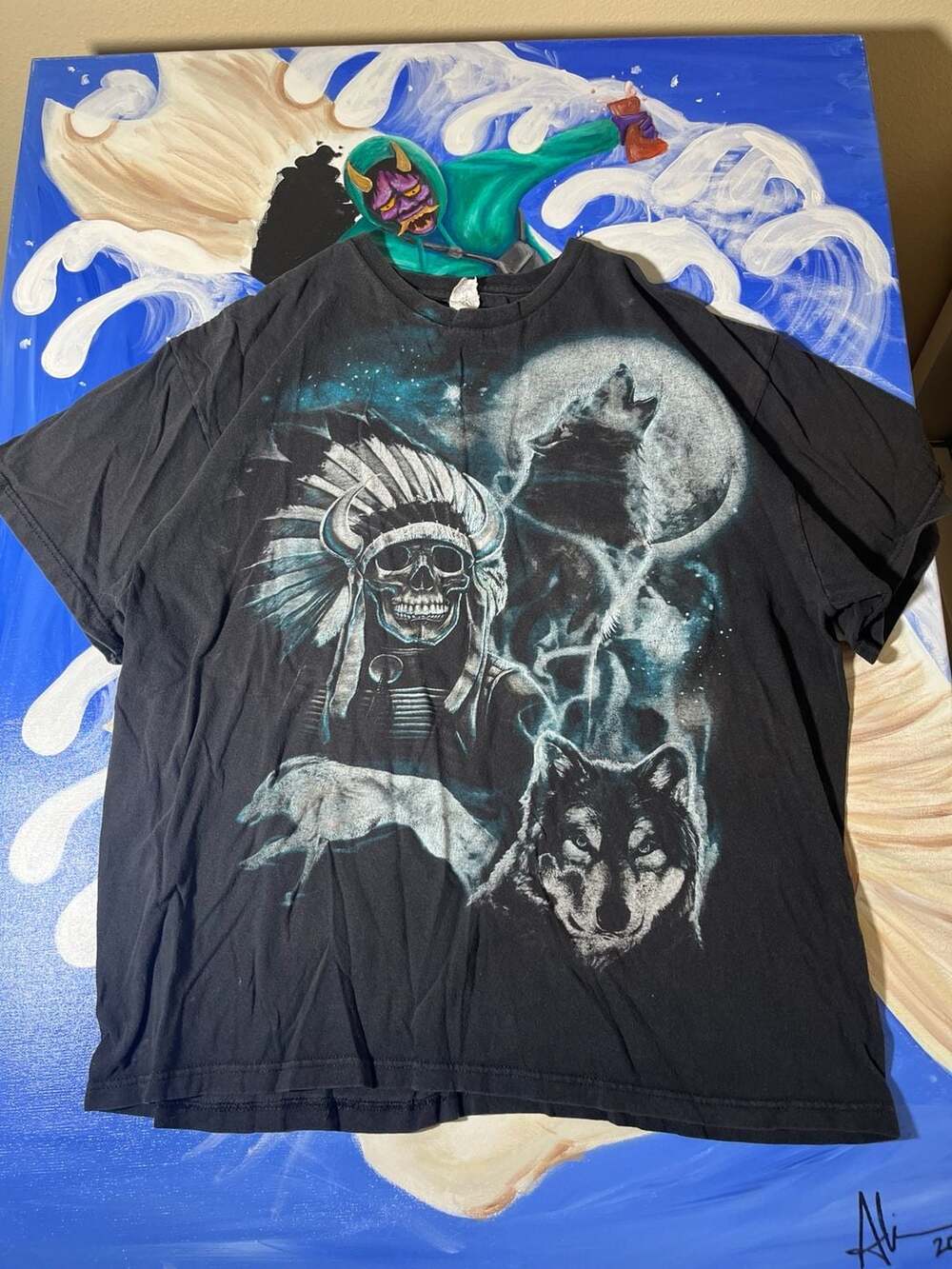 Vintage Native American Indian Chief Skull and Wolf Graphic T-Shirt